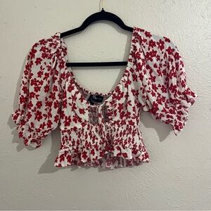 Kendall and Kylie Floral Puff Sleeve Top - Red and White